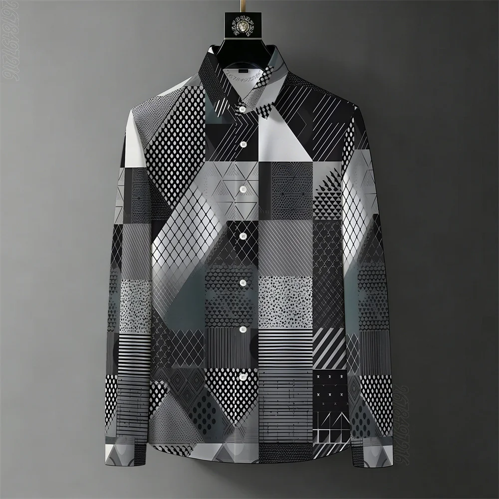 Men's wrinkle-free printed shirt, color-blocked design, long-sleeved shirt, fashionable and versatile top for spring and autumn.
