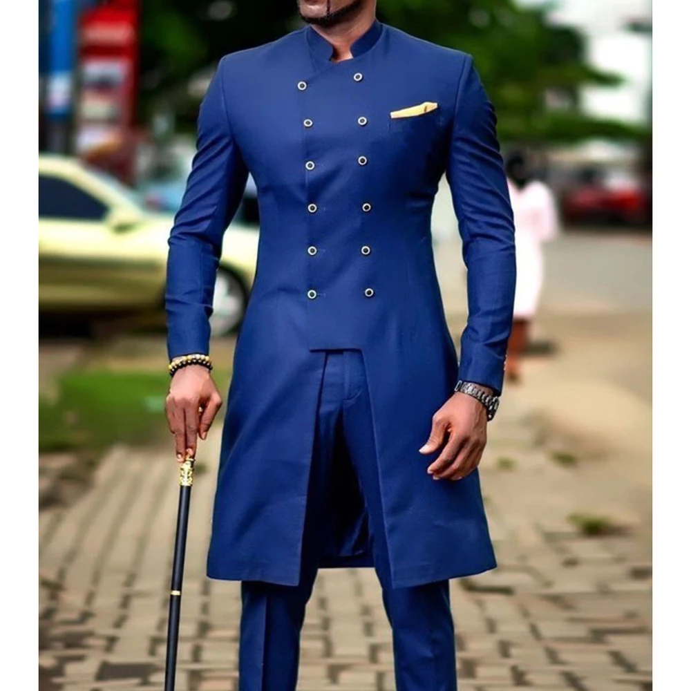 

New Arrival Men Suits Royal Blue Fashion Stand Collar Double Breasted Blazer Smart Casual Wedding Groom Tailcoat 2 Pc Slim Fit