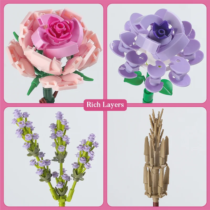 547pcs Flower Bouquet Mini Pink Rose Lavender Building Blocks Set Creative Home Decor Toys Kit Aniversary Gift For Girl with Box