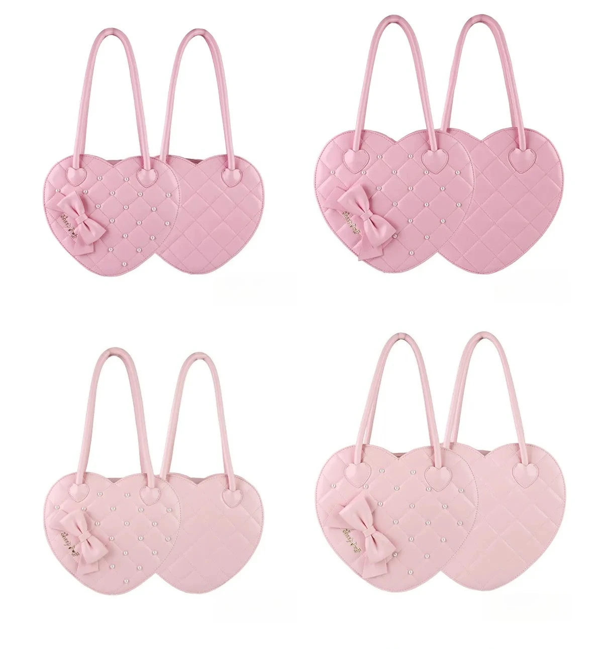 Sweet Cute Girls Pearl Beaded Love Shape Tote Bags Girl Women's Lolita Bow Lolita Zipper Handbags Corssbody Leather Bags