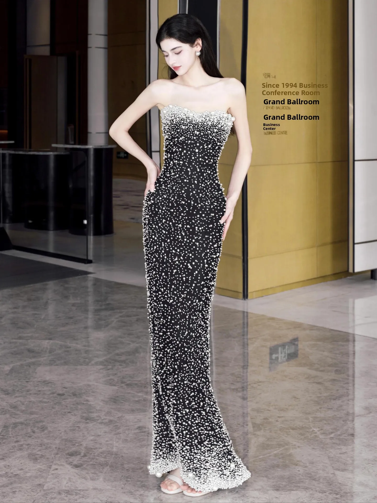 

Ele Pearl Bustier Fi Tail Gown for Birthday Performances Long Evening Dres Luxury Bla Celebration Par Host Outfit