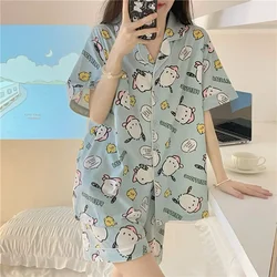 Sanrio Pacha Dog Silk Pajamas Women's Summer Ice Silk Short Sleeve Shorts Cartoon Women's Pajamas Homewear Pajamas Pants Set