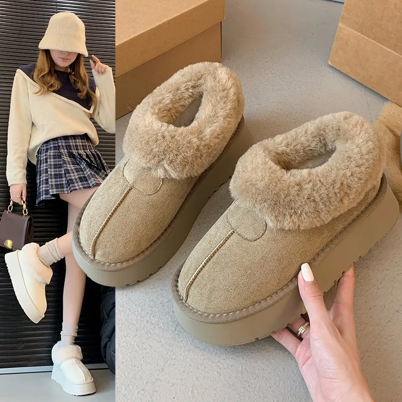 

Korean Style Thick Bottom Snow Boots Winter round Toe Slip-On Fleece Lined Short Tube Fur Covered Shoes Warm Rubber Sole