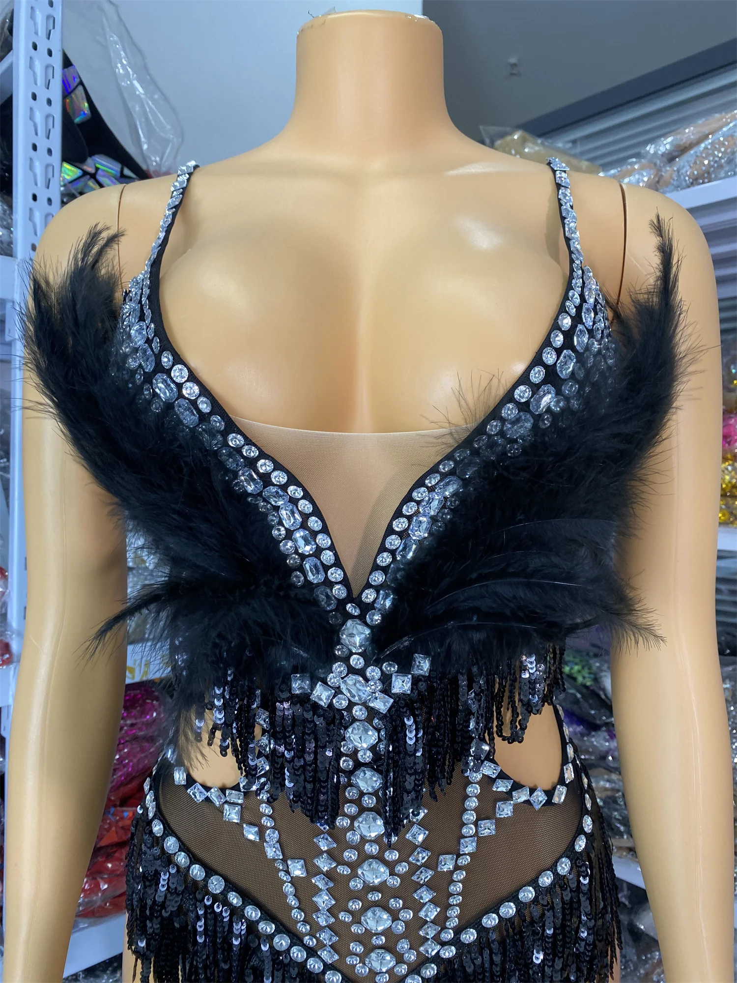 

Factory Wholesale Women Clubwear Deep V Neck Rhinestones Sequin Tassel Feathers Cut Out Mesh Bodysuit Evening Party Costumes
