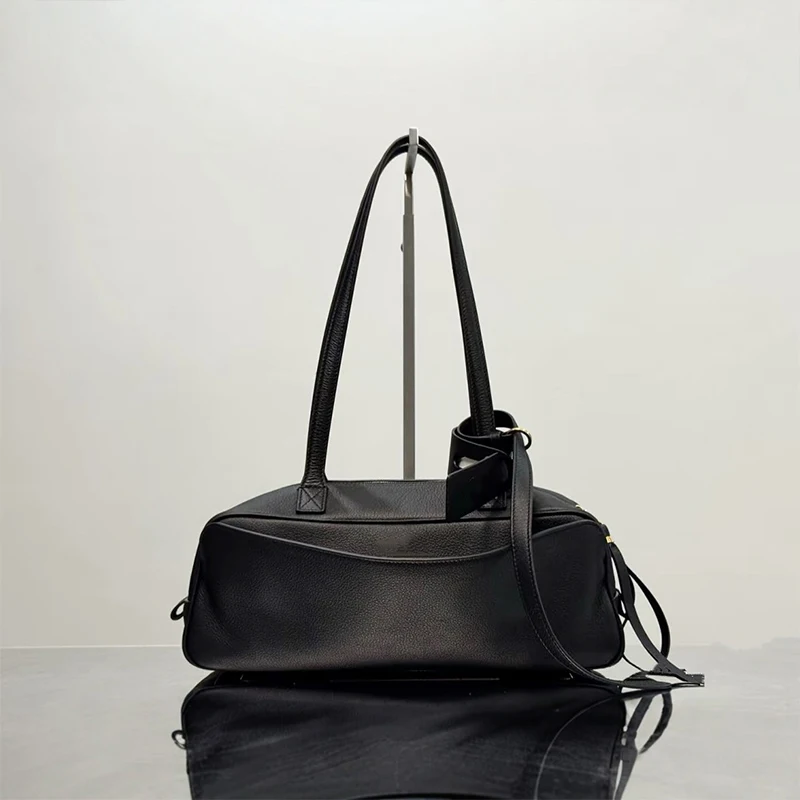 

Brand Design Bowling Bags Luxury European And American Shoulder Bags First Layer Cowhide Handbags Fashion Solid Color Tote Bags