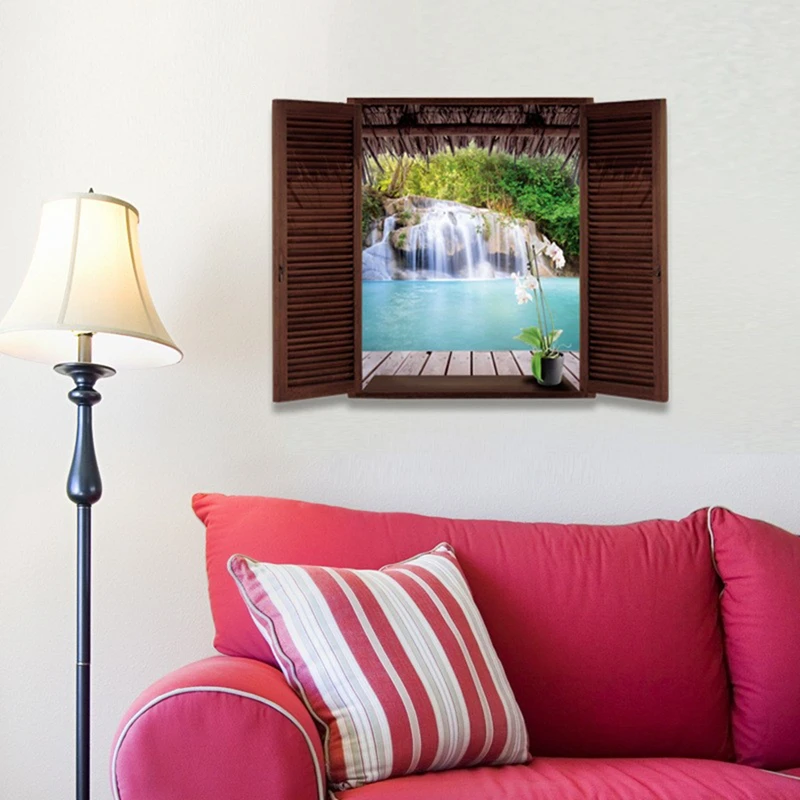 Park Waterfall View Mural Removable for Home Decoration Aesthetic Rooms Window Art Wooden Bridge Clear Water Vinyl Wall Stickers
