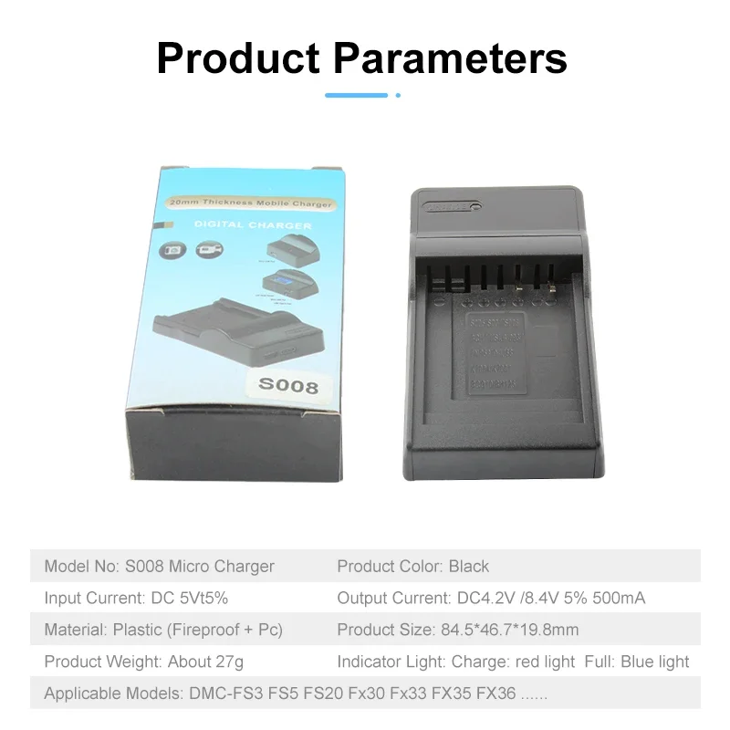 شاحن بطارية لـPanasonic ، ، ، ، ، ، FS5 ، و FS20 ، و FX30 ، و FX55 ، و FX500 ، و S9 ، و S10 ، و S15 ، و S20 ، و S25 ، و S26 ، و SW20 ، و SW21 ، و SW28