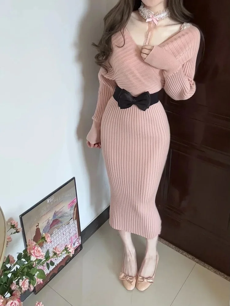 

Сексуальное вязаное длинное платье, женская осенне-зимняя облегающая юбка трапециевидной формы средней длины с v-образным вырезом и запахом Dr Pure Desire Sle