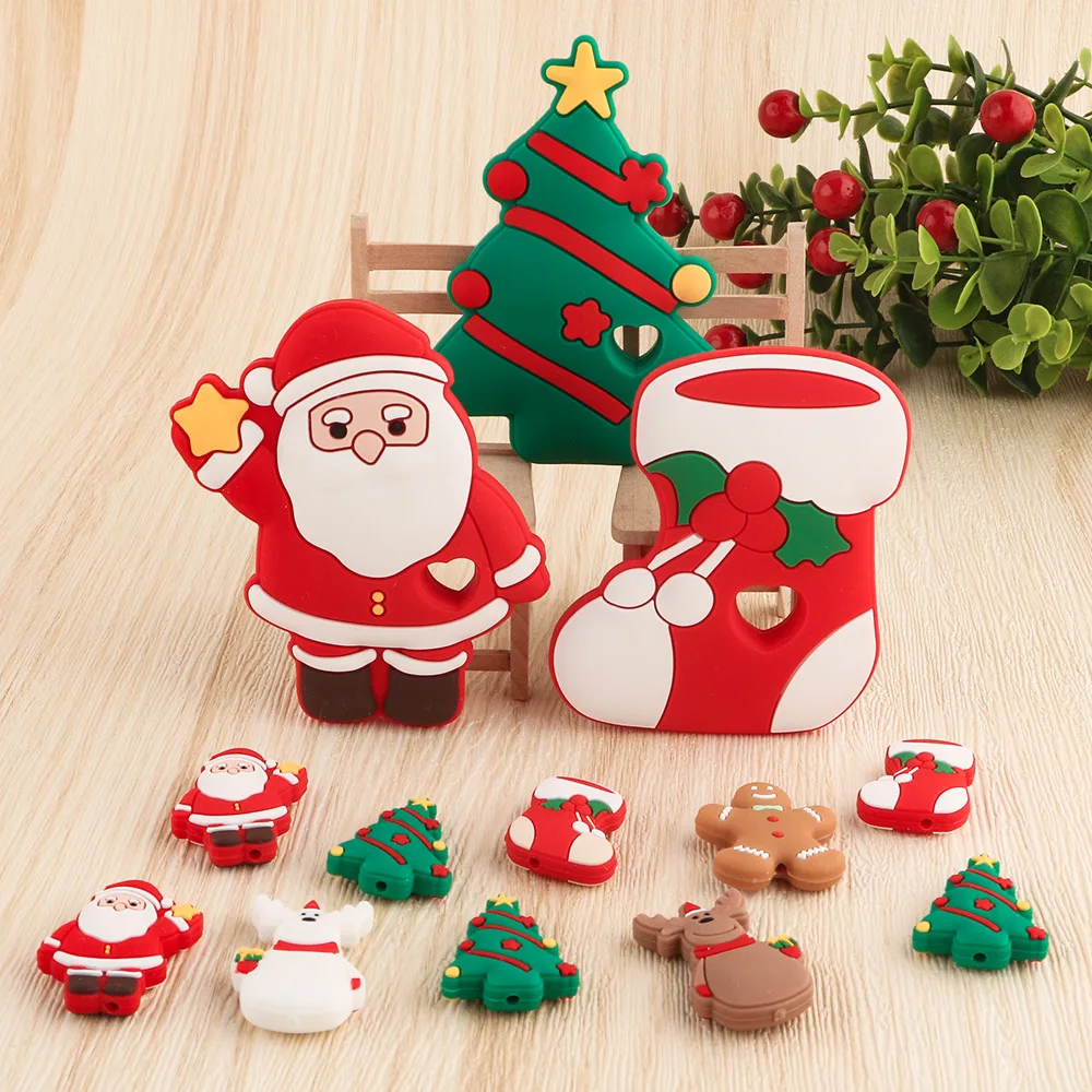 2/5 Stück Weihnachtsserie Silikonperlen Santa Rentier Kekse Schneemann DIY Schnullerkette Schmuckherstellung Bulk DIY Handwerk