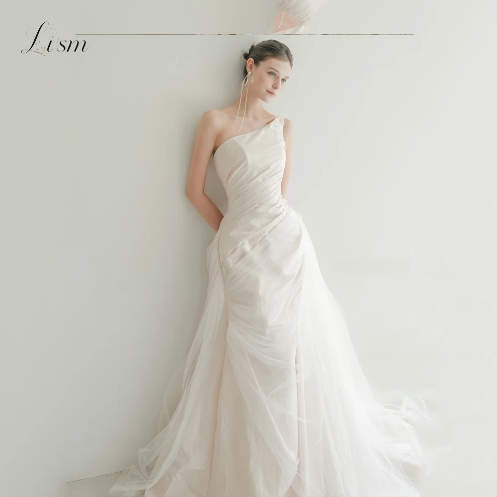 Lism One Shoulder Ivory Wedding Dress Ruched Bodice Tulle Overlay A Line Flowy Bridal Gown For Simple Wedding 2027 Customized