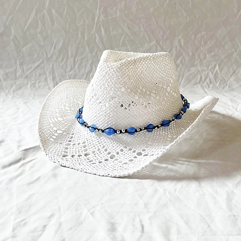 hats summer hat cowboy straw hat bead chain beach hat rose pink hat  hand made cowgirl hats  wholesale straw hat men hat