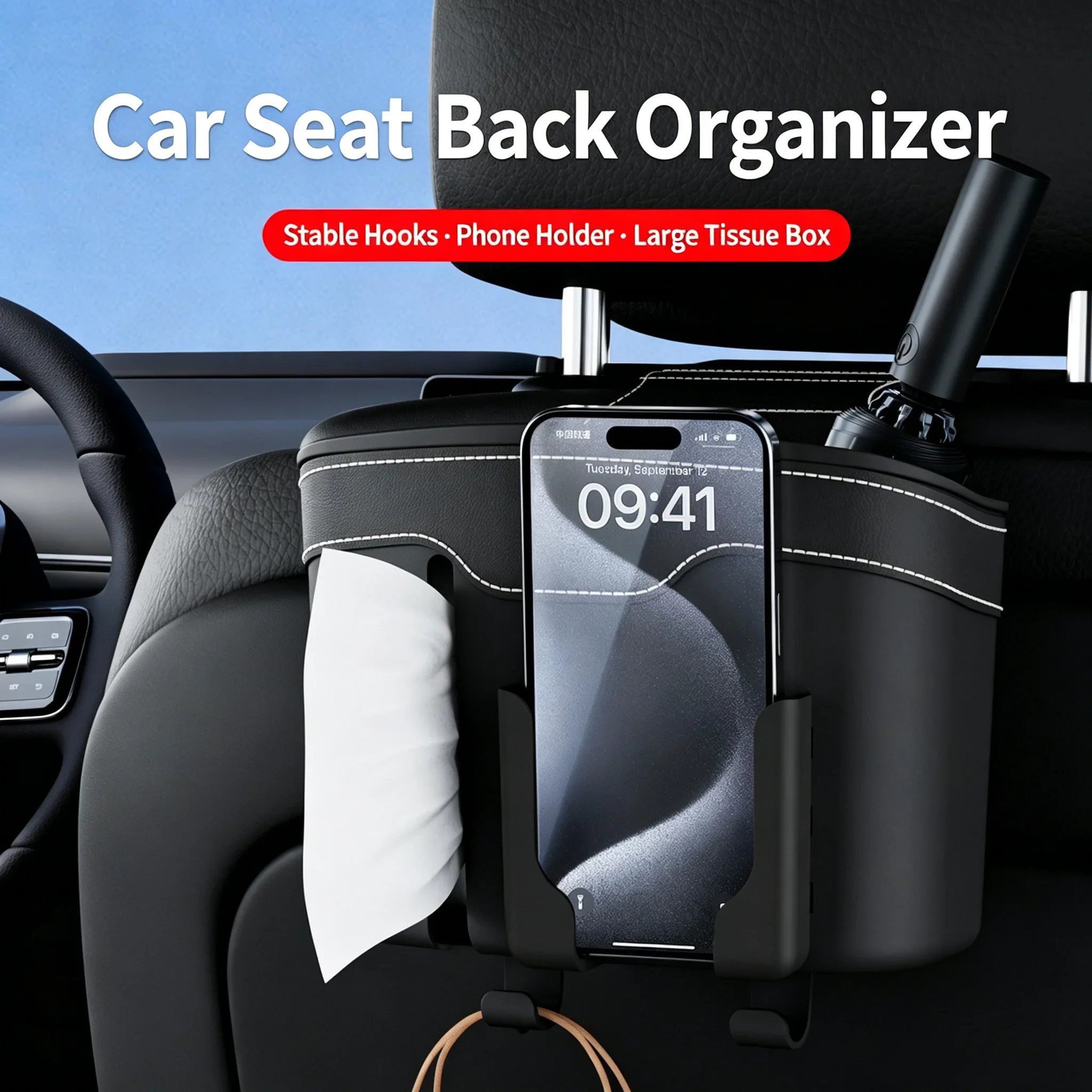 New Car Seat Back Organizer Multi‑Functional Tissue Storage Box Phone Holder Hanging Bag Auto Interior Accessories Universal