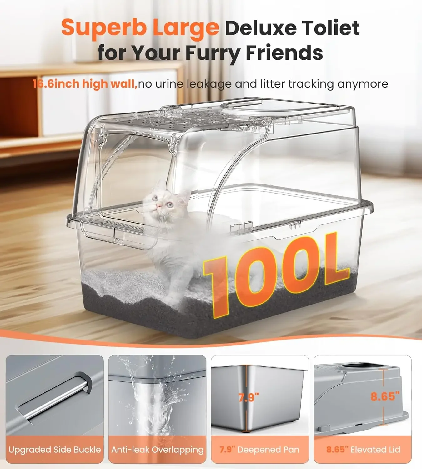 Stainless Steel Cat Litter Box Dual Entrance XXL Large Box,Metal Litter Box with Flip Door, 16.6” High Wall& Scoop