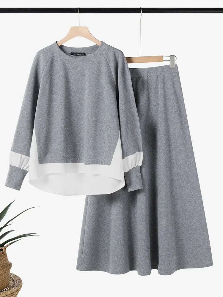 

ZANZEA 2025 Women Autumn Dress Sets Casual Loose Long Skirts Tracksuit Colorblock Fashion Fake 2PCS Tops Outfits Matching Suit