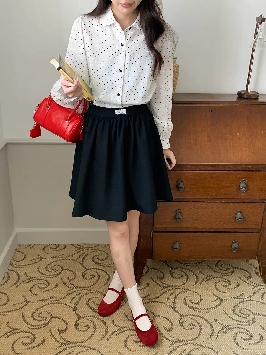 

Женская повседневная белая хлопковая рубашка в горошек с длинными рукавами в стиле ретро, осень 2024, новый стиль, удобный модный топ