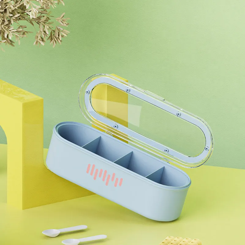 Multi Compartment Storage Box with Clear Flip Lid Plastic Desktop Organizer Case for Spices Creative Seasoning Box with Spoon