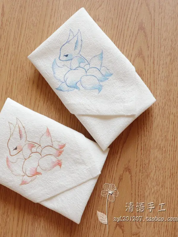 Chinese Style Hand Painted Nine Tailed Fox Cotton Square Handkerchief Traditional Hanfu Accessory Soft Absorbent Portable Sweat