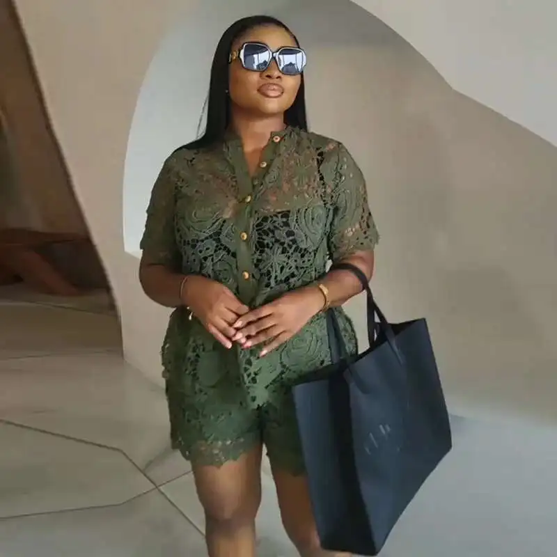 

Women's Clothing 2025 Summer New Sweet and Fresh Lace Stand-up Collar Short-sleeved Shirt High-waisted Shorts Two-piece Set