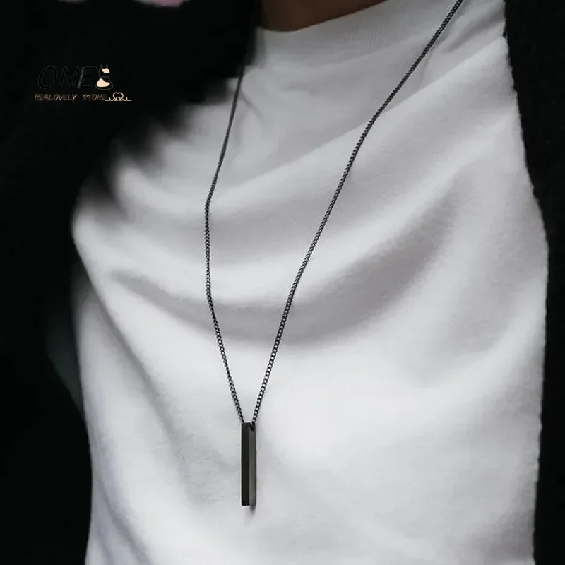 Waterproof 3D Vertical Bar Necklaces for Men,Minimalist Stainless Steel Geometric Pendant with Box Chain,Male Collar Jewelry