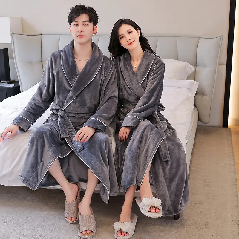 Warm Coral Fleece Bathrobe Women Men Winter Thick Flannel Thermal Robe Velvet Kimono Dressing Gown Comfortable Bride Peignoir