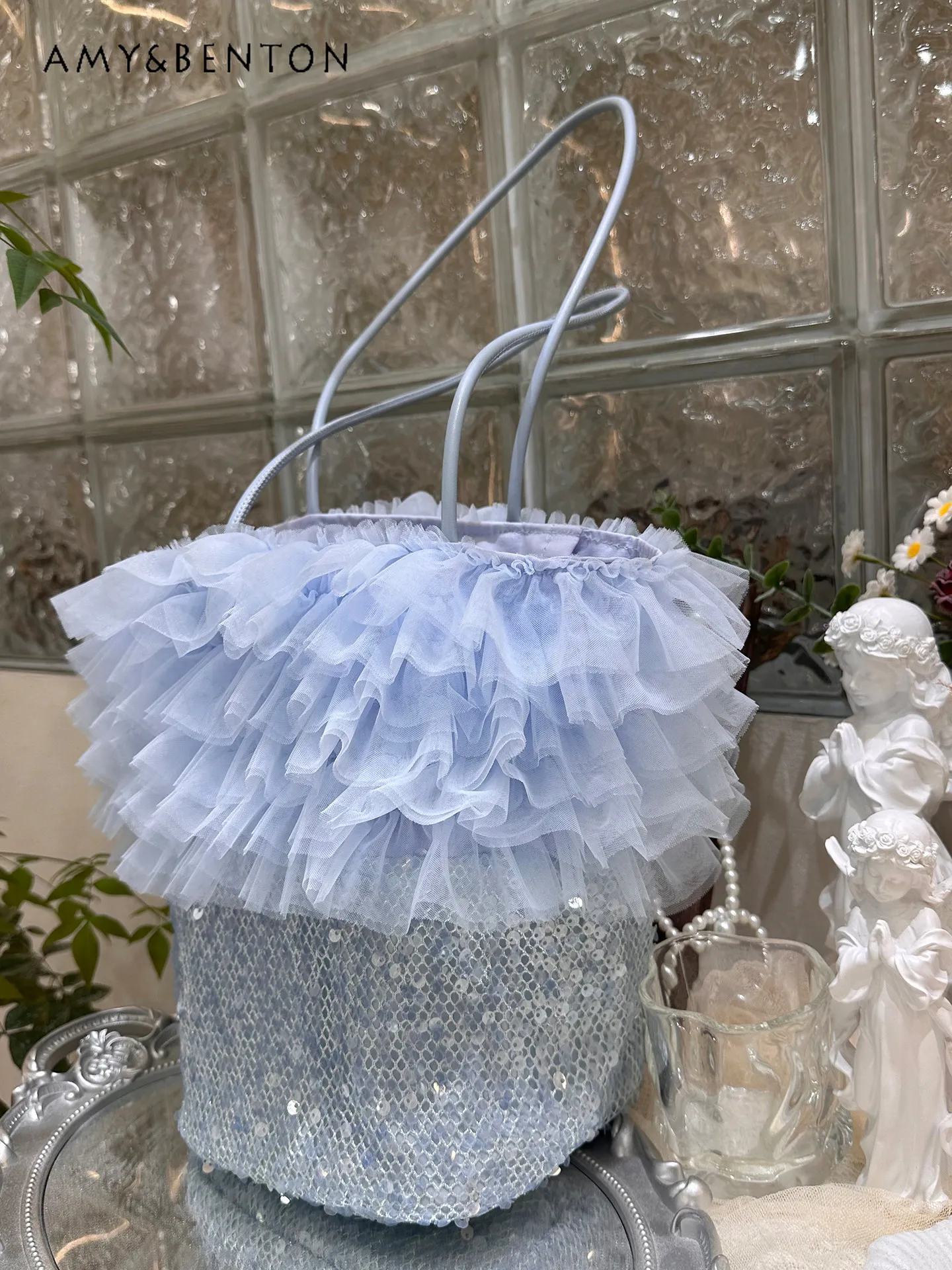 

Синяя блестящая сумка-ведро с круглыми бусинами в оригинальном дизайне, в корейском и японском стиле, высококачественная синяя сетчатая универсальная сумка через плечо для женщин