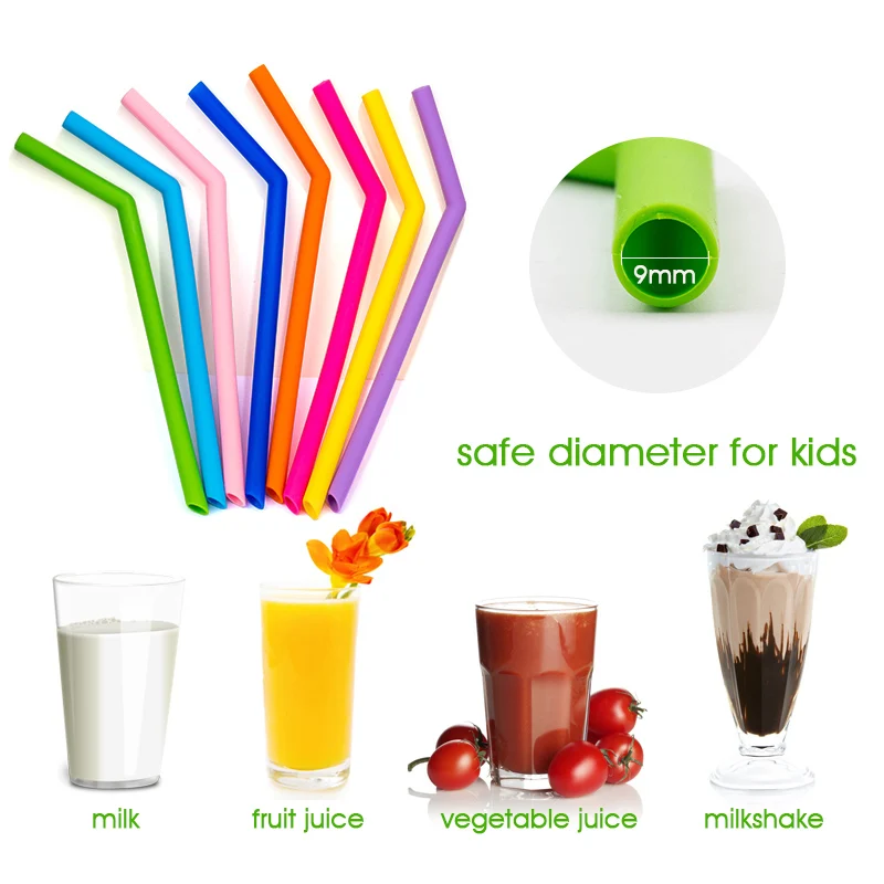 Reusable Food-grade Silicone  Drinking Straws Foldable Flexible Straw with Cleaning Brushes Bar Party Supplies Recyclable