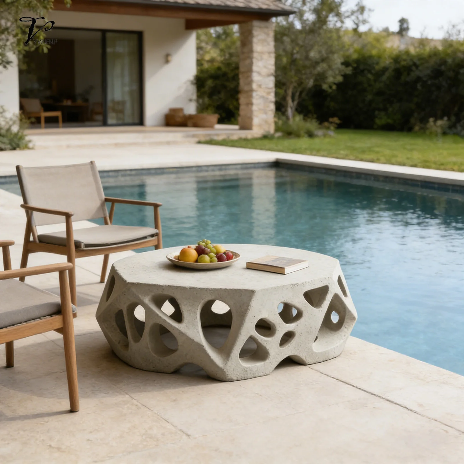 ✿q Custom-designed Faceted Openwork GRC Luxury Modern Coffee Table Low Height Grey Japanese Style Weatherproof Durable