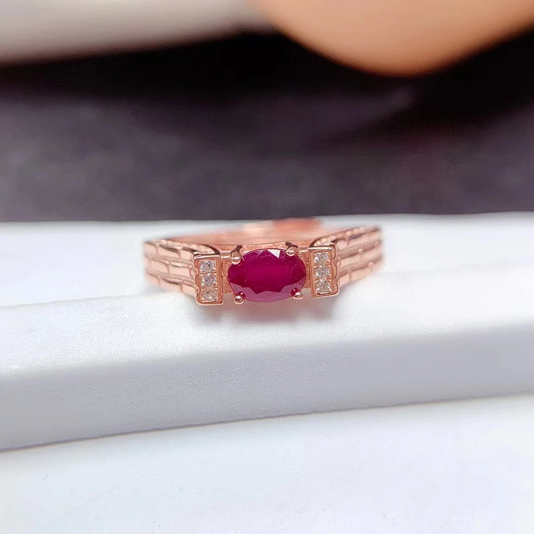 

Vintage Natural Ruby Ring for Engagement 4mm*6mm 0.5ct Ruby 925 Silver Ring with 3 Layers 18K Gold Plating