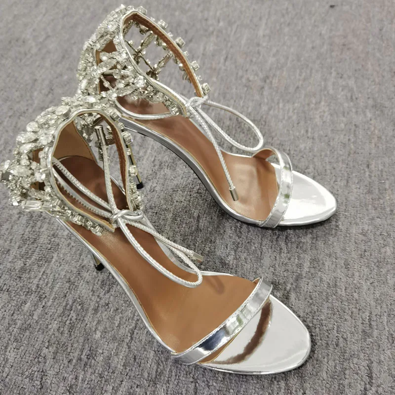 Colours Rhinestone Chains Narrow Band Sandals Wedding Women Bowknot Lace Up Luxury High Heel Open Toe Crystal Summer Party Shoes