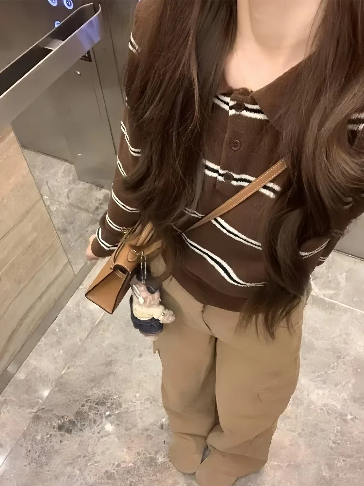 Retro Koreaanse Sle Gestreepte Lange Sve Gebreide Open Vest Dames Lente Nieuwe Sle Afslanken Overhead Top Kraag Enkel...