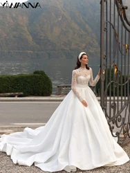 Vestido De Novia De manga larga con cuello alto y lentejuelas brillantes, Vestido De Novia largo De satén De lujo, Vestido De Novia modesto