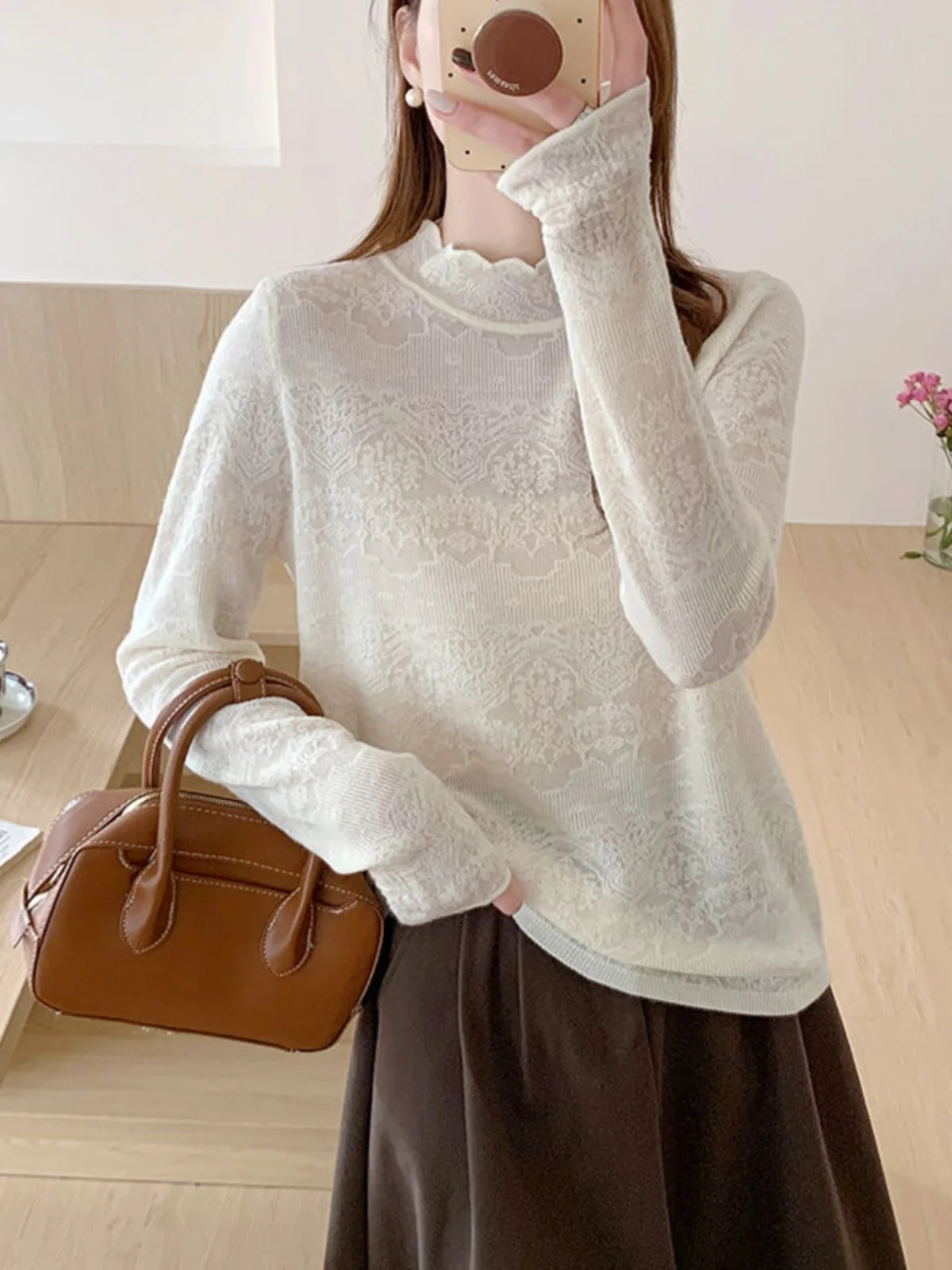 

Универсальный базовый слой irt f, свободный кружевной топ с высоким воротником, женский модный весенний Новое поступление, вязаный свитер Long Sve