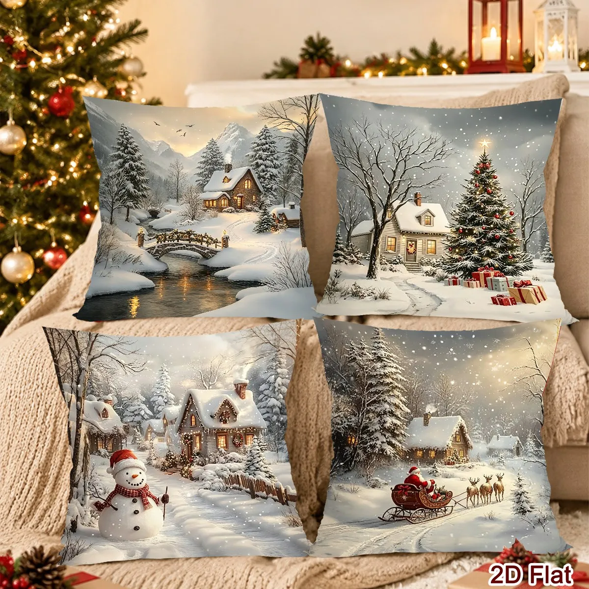 4 Stück Weihnachts-Kissenbezüge mit Santa-Kranz, Gemütliche Kissenhüllen, Weihnachtsdekoration für Zuhause, Sofa, Wohnzimmer, Schlafzimmer, Couch 2026