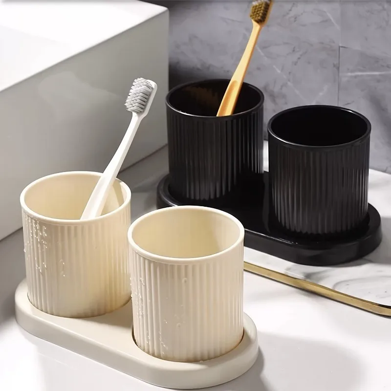 2 pçs/set copo de enxaguatório bucal de cor sólida com bandeja, copo de escova de dentes de casal, conjunto de copo de gargarejo, copo de banheiro familiar, acessórios de banheiro