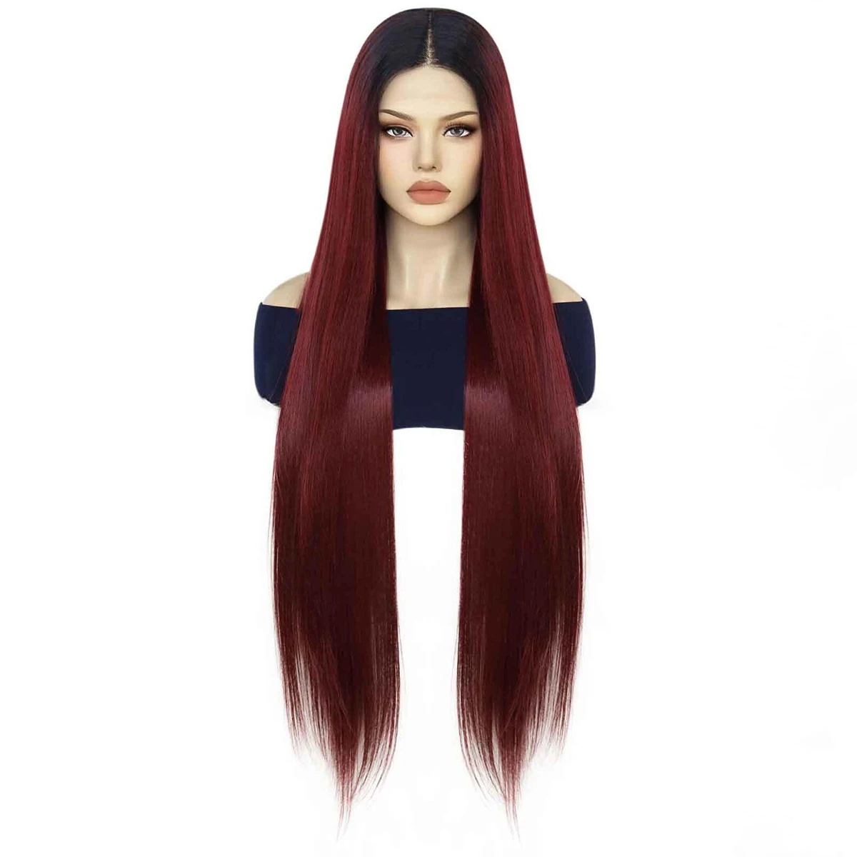 

Long Silky Straight Ombre Wine Red 99j Lace Front Wig 26Inch 180%Density For Black Women Baby Hair Glueless Synthetic Preplucked