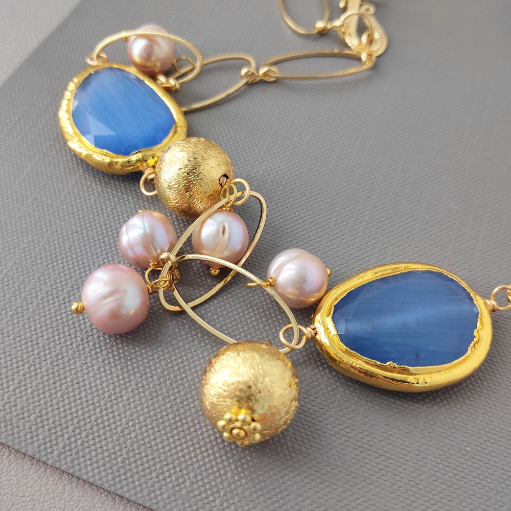 Y·YING Freshwater Pink Pearl Blue Cat Eye Pendant Statement Stone Necklace Jewelry For Gift