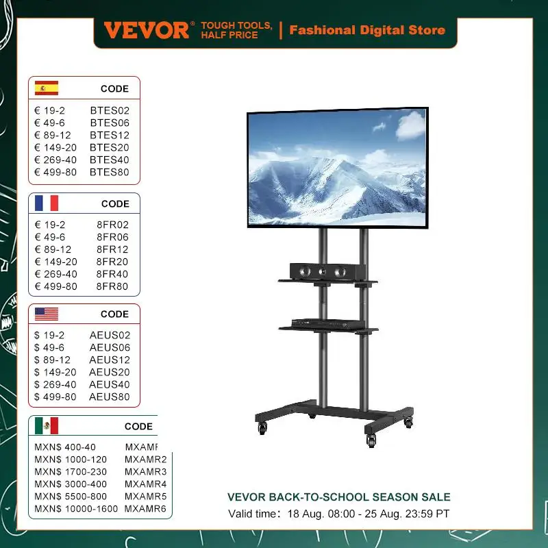 VEVOR-Soporte de TV móvil con ruedas, soporte de TV ajustable en altura, bandeja doble para dispositivos auditivos, soporte de TV rodante para dormitorio