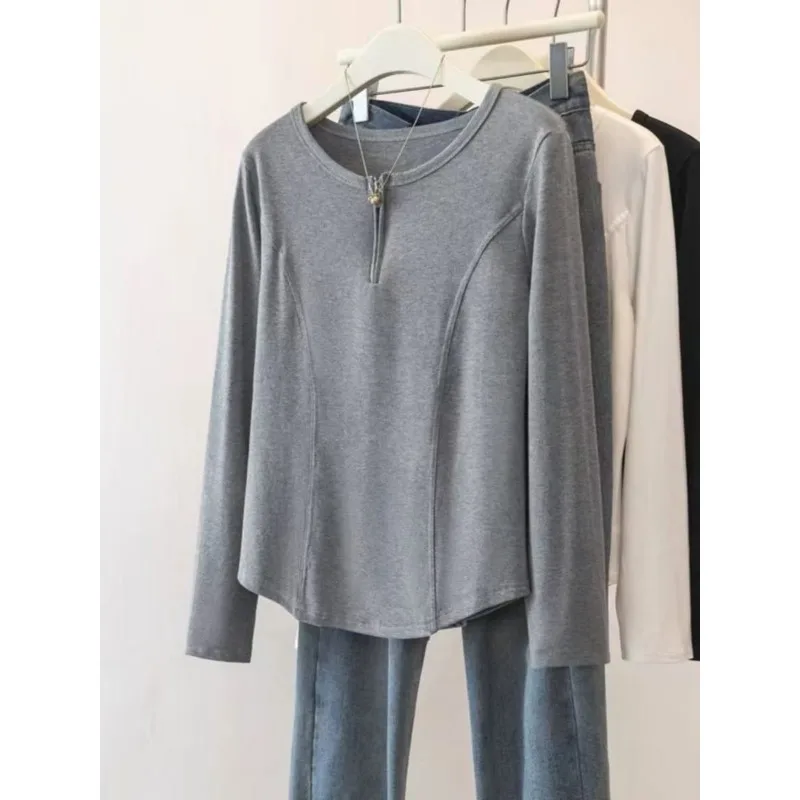 

Женский однотонный пуловер с круглым вырезом и длинным рукавом, повседневная модная футболка, топ