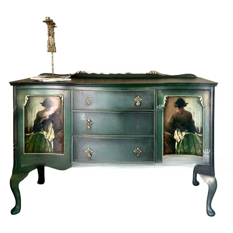

French retro solid wood painted oil painting porch cabinet living room decorative cabinet household locker display cabinet