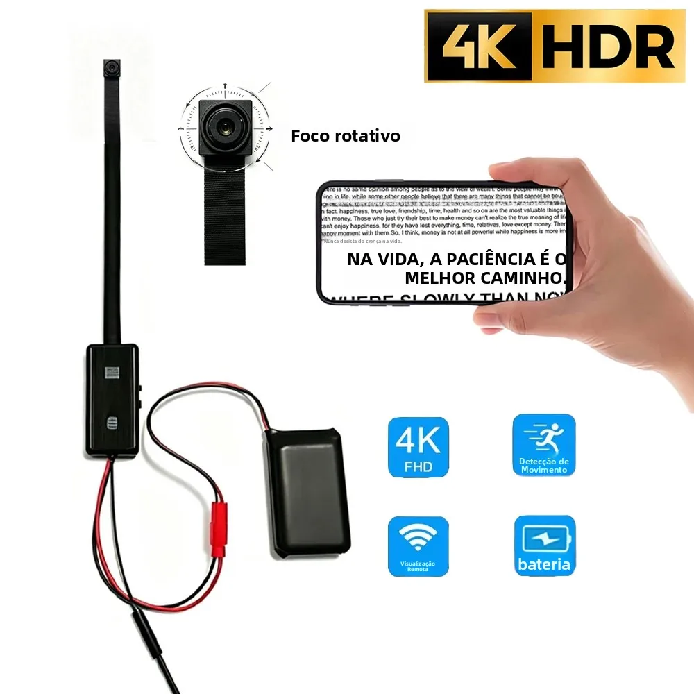 Câmera Mini Macro WiFi 4K, Lente Rotativa com Foco, Detecção de Movimento, Visualização Remota no Celular