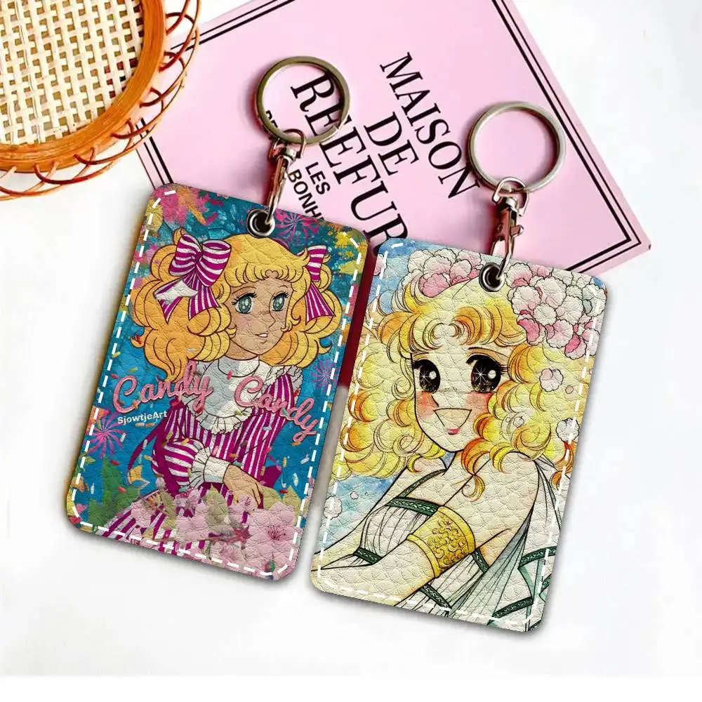 

C-Candy Candy Anime Card Case Keychain Access Card Bag Key Tag Ring Leather Card Holder Key Ring Access
