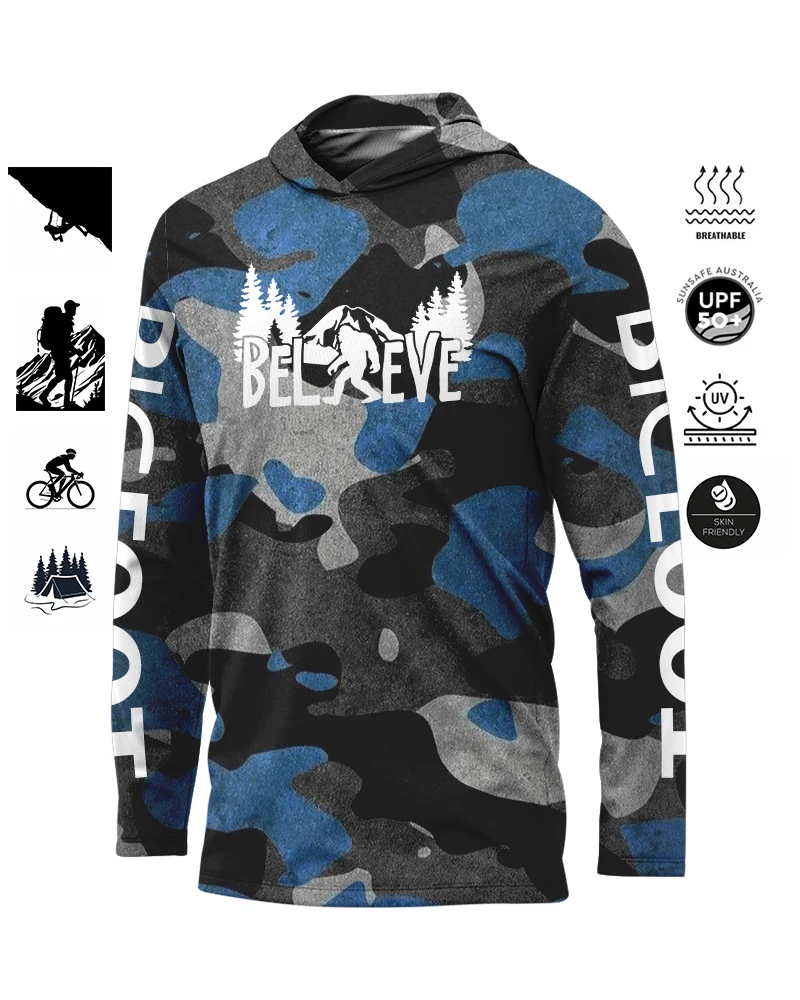 BIGFOOT Sportswear Hooded Large Size UV Protection Men's Outdoor Camouflage Moisture Transferring Knitwear Fishing Clothing Tops