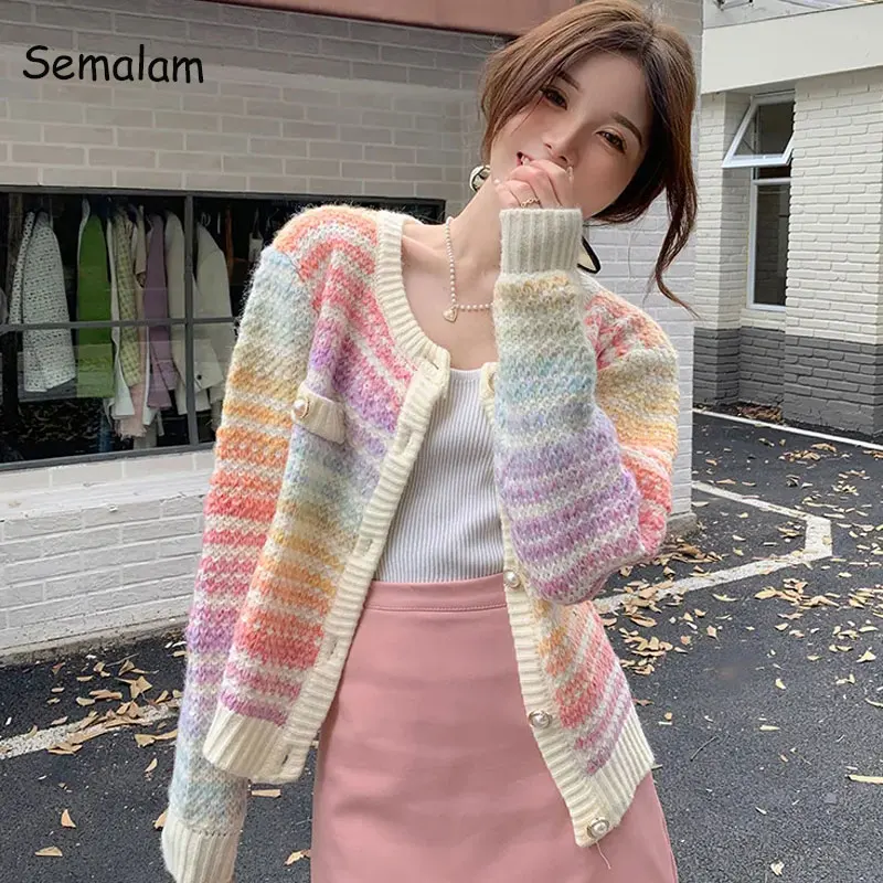 2023 Autumn Rainbow Knitted Cardigan Button Long Sleeve Casual Elegant Sweater Female Kawaii Y2k Clothing Korean Style Pullover