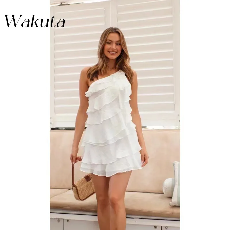 WAKUTA American Retro Sloping Collar Off Shoulder Slim Fit Short Camisole Gowns Beach Backless Vacation Vestido Elegante Mujer