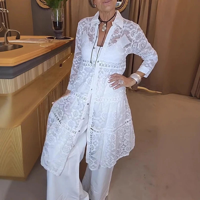 

Lady Elegant Lapel Long Sleeved Loose Blouses Fashion Lace Embroidery Single Breasted Shirt Sexy Spring Summer Hollow Beach Top