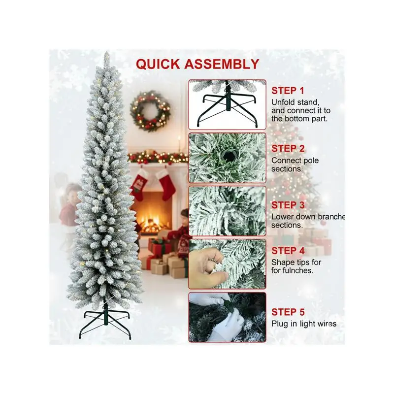 Флокированная тонкая рождественская елка-карандаш длиной 5 футов с 100 теплыми белыми светодиодами, 263 наконечниками, простая сборка, компактный дизайн, идеально подходит для