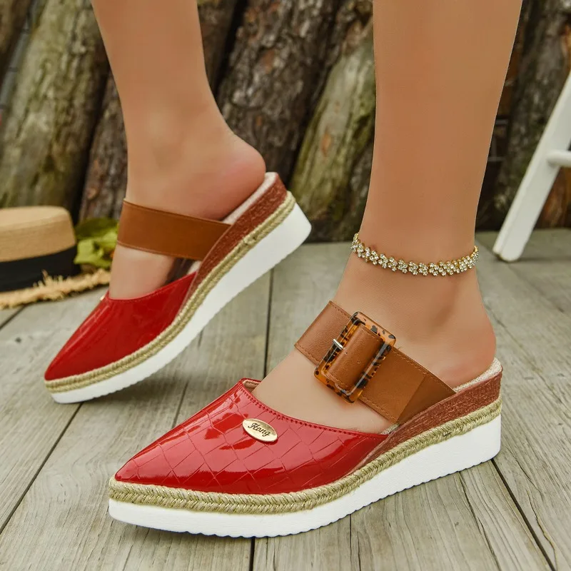 

Женские тапочки, модные сабо без шнуровки на танкетке с острым носком, легкая конопляная подошва, сандалии с закрытым носком и пряжкой на ремне на толстой подошве