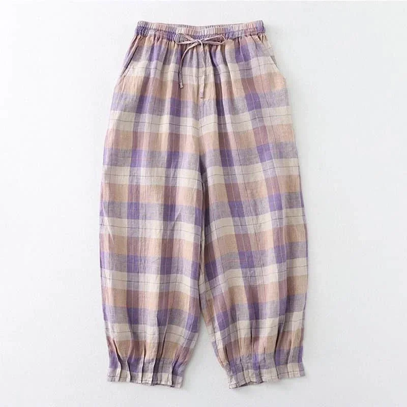 

Pop Cotton Linen Pants Women Loose Casual Plaid Printed Baggy Pants Vintage Summer Korean Style Elastic Waist Trousers Lantern P