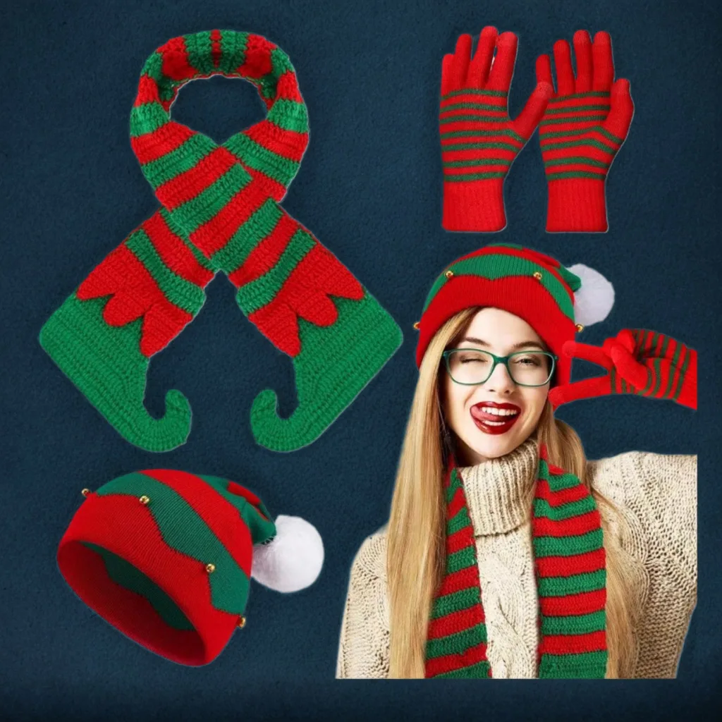 جديد عيد الميلاد محبوك قبعة وشاح ثلاث قطع مجموعة مع جرس الديكور، قبعة أنبوبية، قبعة صوف مخططة جو أحمر #4