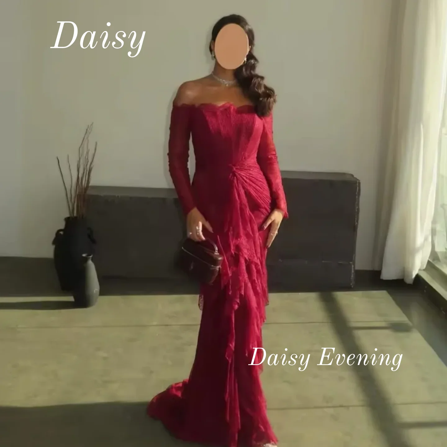 

Customized Ruched Women Evening Party Dresses Red Off The Shoulder Long Sleeves Prom Dresses Lace Mermaid Birthday Dress